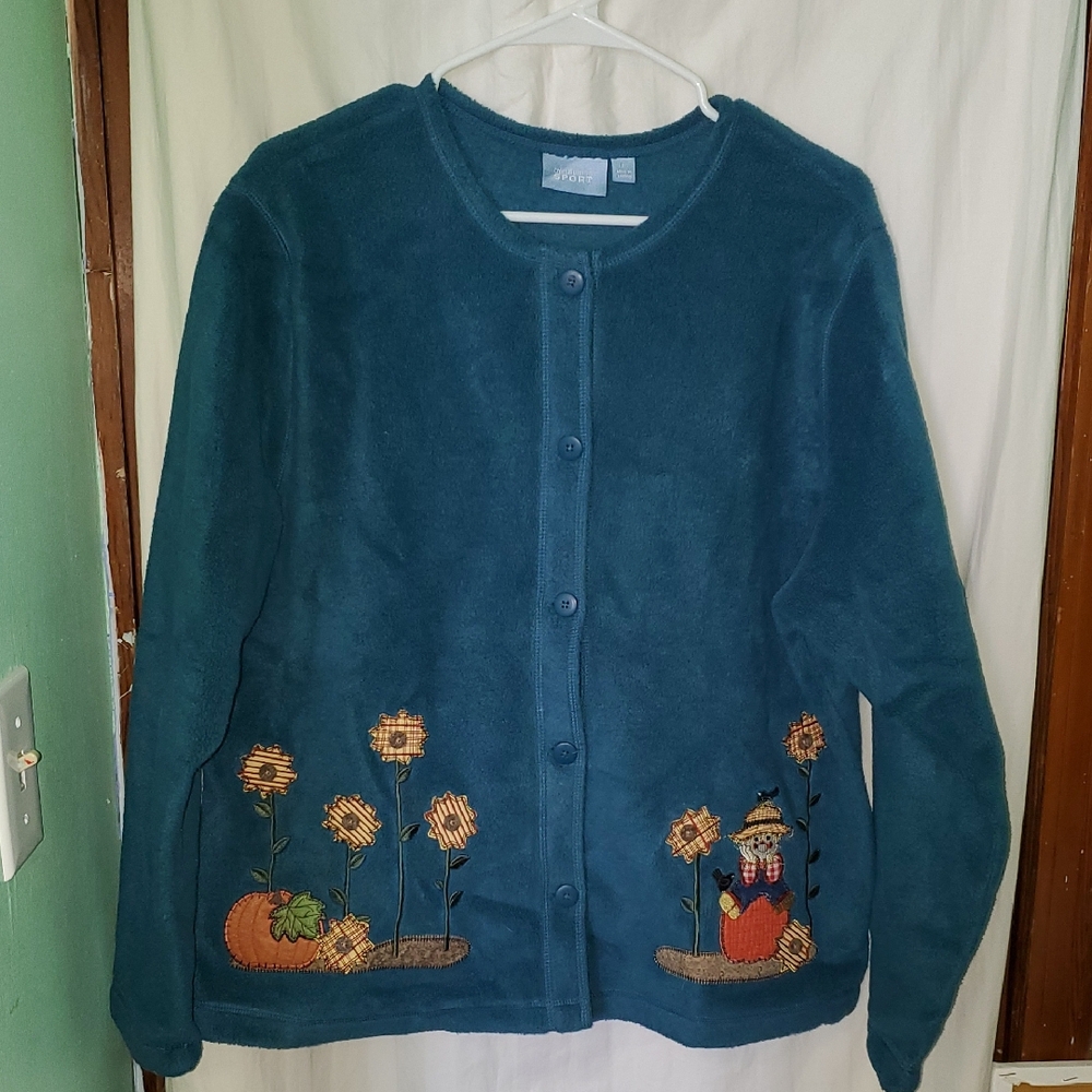 Vintage 90s Y2k Embroidered Fall Sunflower Pumpkin Scarecrow Jacket
